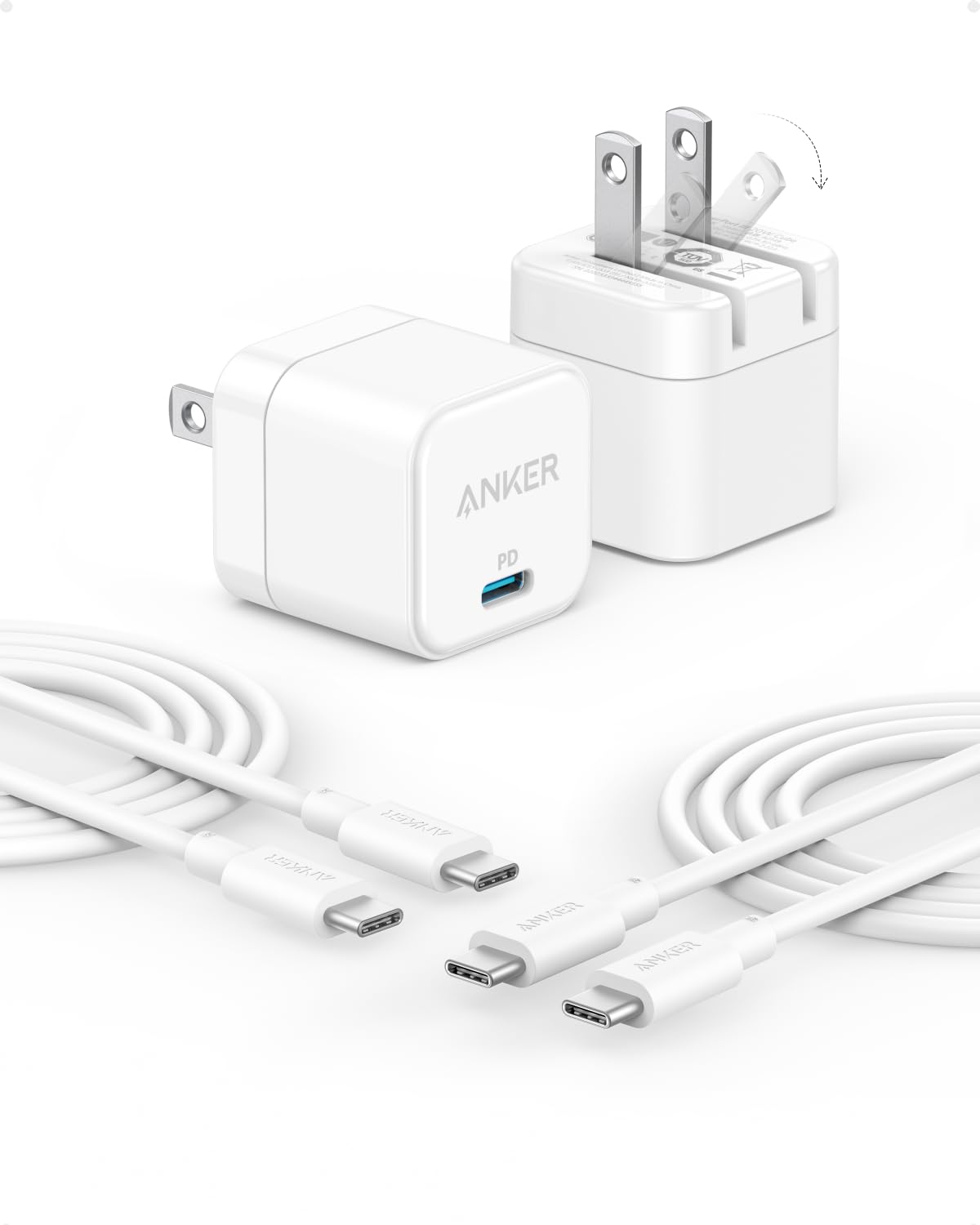 Anker USB C Charger with USB C Cable, 20W USB C Charger Block for iPhone 16/15 and More Series, Galaxy, Pixel, iPad Pro/Air/Mini Series (Pack of 2)
