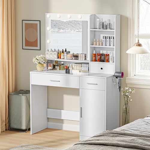 Vanity Desk with Adjustable Lighten Mirror & Power Outlet, Makeup Desk for Bedroom with a Storage Stool and 3 Drawers, 4 Storage Shelves, White Dresser for Girls