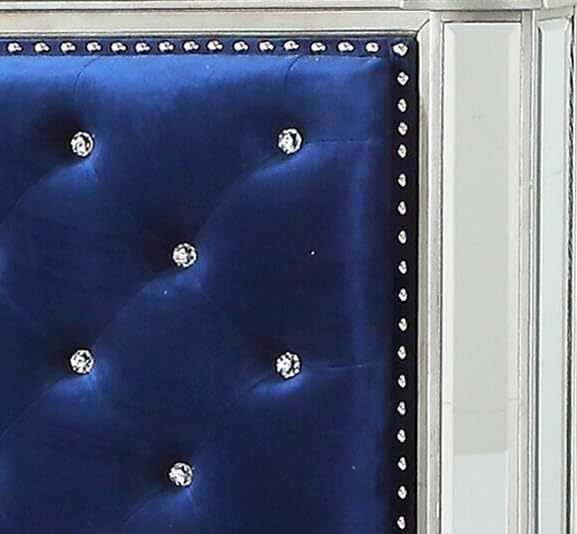 Queen - Varian Upholstered Panel Bed in Blue Velvet with Mirrored Accents