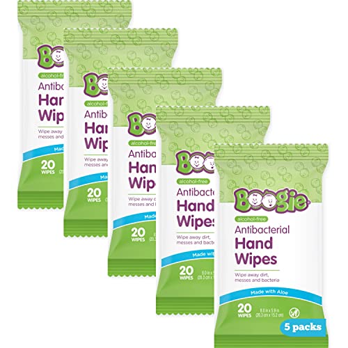Antibacterial Hand Wipes by Boogie Wipes, Alcohol-Free, Hypoallergenic and Moisturizing Aloe, Boogie Hand Wipes for Adults and Kids, 5 Packs of 20…