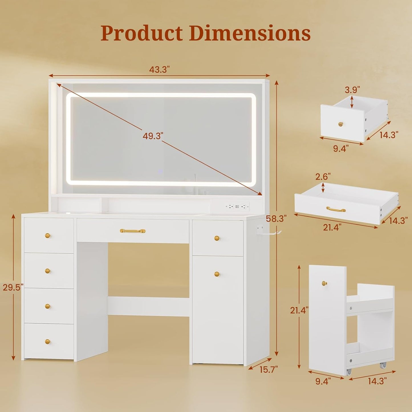 Makeup Vanity & Lighted Mirror, Vanity Desk with Power Strip, Adjustable Lighting, 7 Drawers, Dressing Room, Ivory