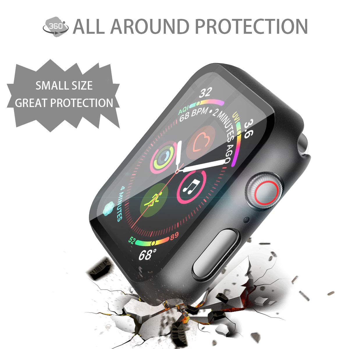 2 Pack Hard PC Case with Tempered Glass Screen Protector Compatible with Apple Watch SE 2 (2024) SE Series 6 Series 5 Series 4 44mm, Black
