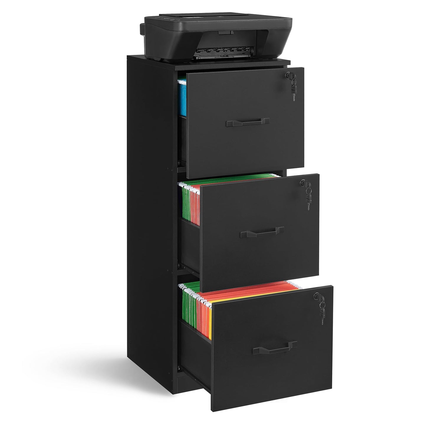 3 Drawer File Cabinet, File Cabinet with Lock, Printer Stand, Office Filing Cabinet Organizer, for A4 and Letter Size Files, Ink Black