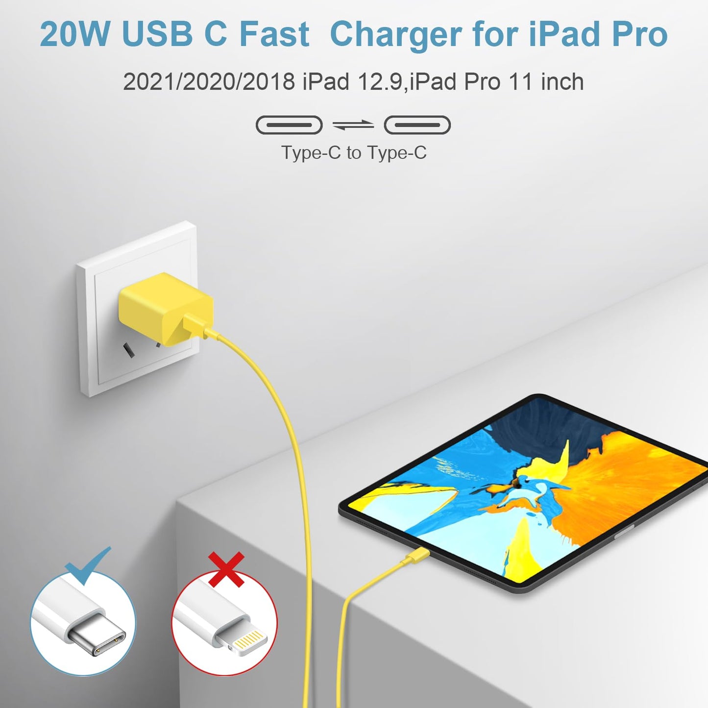 iPhone 15 Charger USB C Wall Charger iPad Pro Charger Block 2 Pack with 2 Pack 6FT Cable for iPhone 15/15 Plus/15 Pro/15 Pro Max/iPad Pro/Mini/Air/Air4/AirPods/Samsung(Yellow), CA-43T