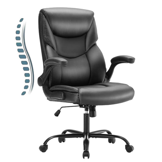 Ergonomic Computer Gaming Office Chair, Heavy Duty Task Desk Swivel Rolling Chairs with Wheels, Flip-up Arms, Adjustable Height, PU Leather, Black