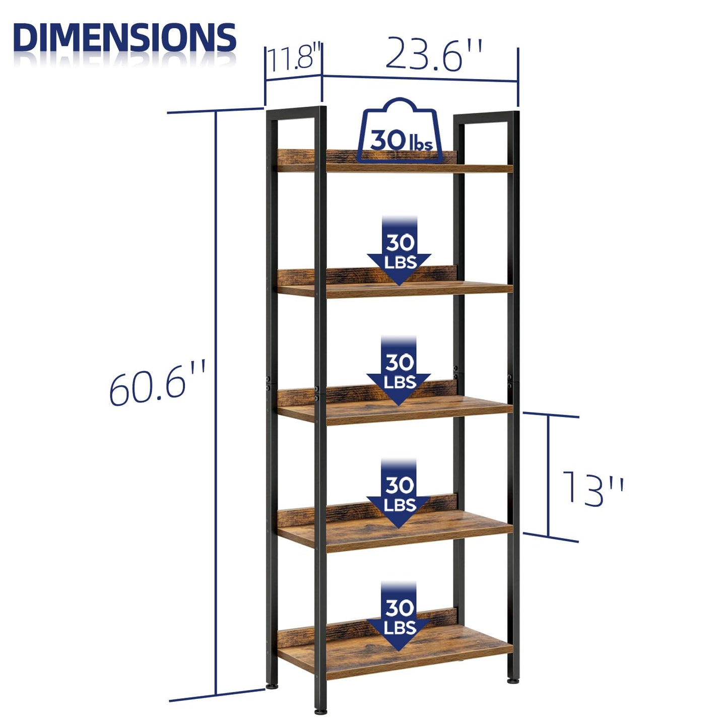 Bookshelf, 5 Tier Bookshelves, Home Office Bookcase Shelf Storage Organizer, Free Standing Storage Shelving Unit for Bedroom, Living Room and Home Office, Vintage