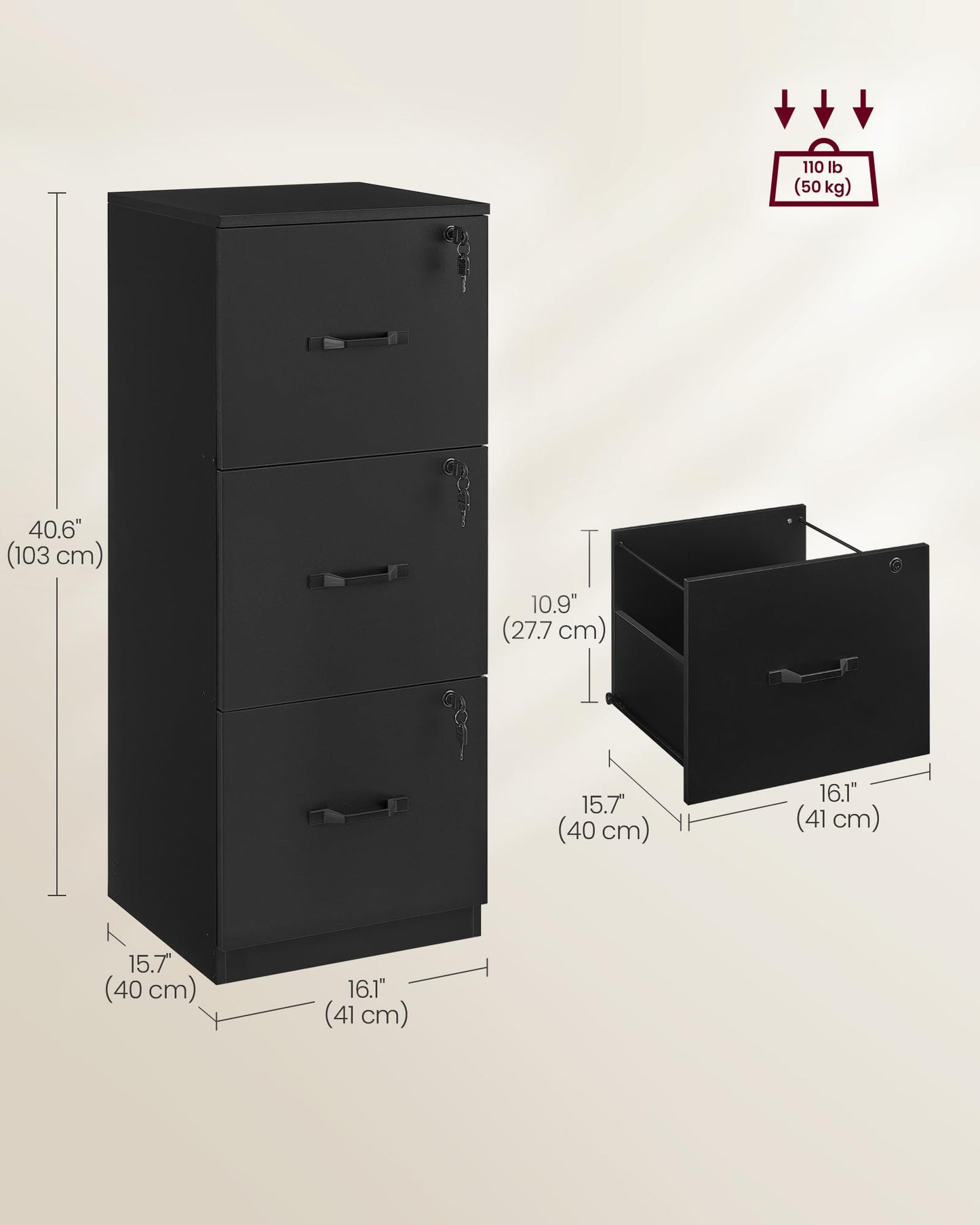 3 Drawer File Cabinet, File Cabinet with Lock, Printer Stand, Office Filing Cabinet Organizer, for A4 and Letter Size Files, Ink Black
