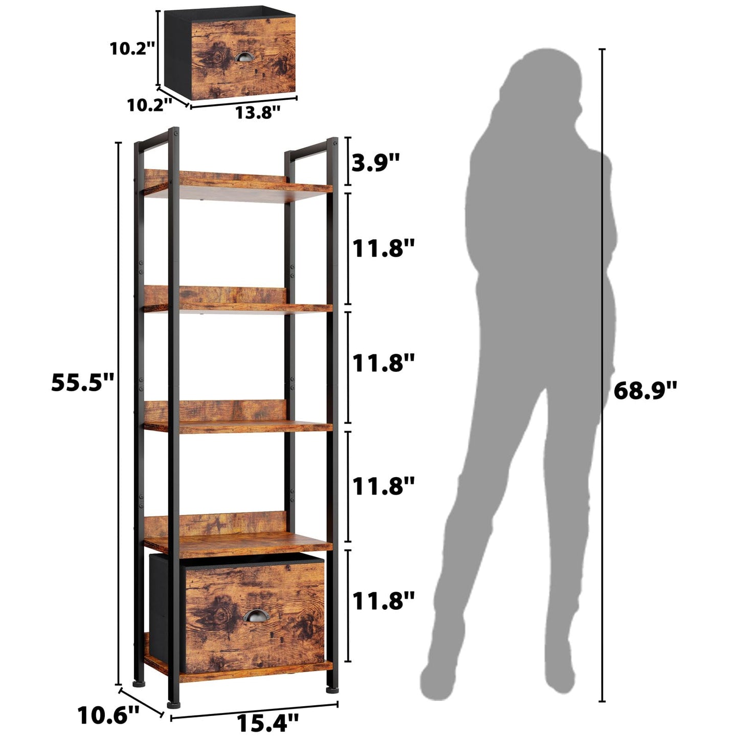 5 Tier Bookshelf with Drawer, Tall Narrow Bookcase with Shelves, Wood and Metal Bookshelves Storage Organizer, Industrial Display Standing Shelf Unit for Bedroom, Living Room, Rustic Brown