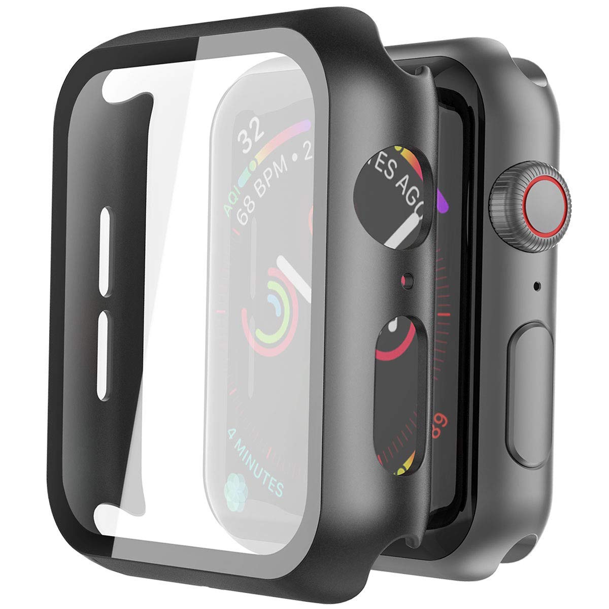 2 Pack Hard PC Case with Tempered Glass Screen Protector Compatible with Apple Watch SE 2 (2024) SE Series 6 Series 5 Series 4 44mm, Black