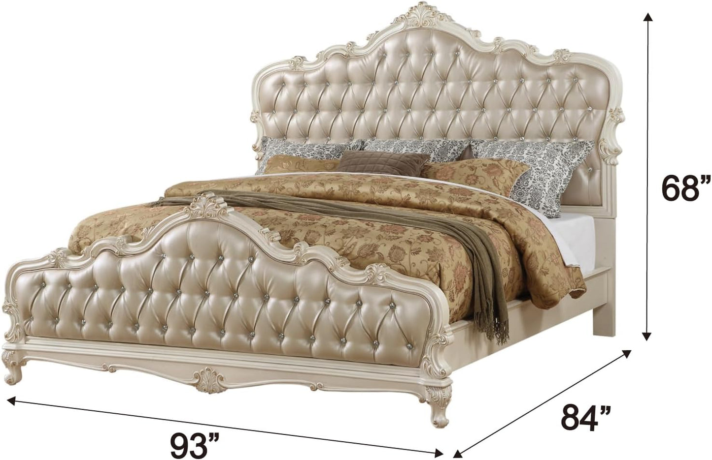 California King - Chantelle Bed Rose Gold PU & Pearl White with French Rococo Design