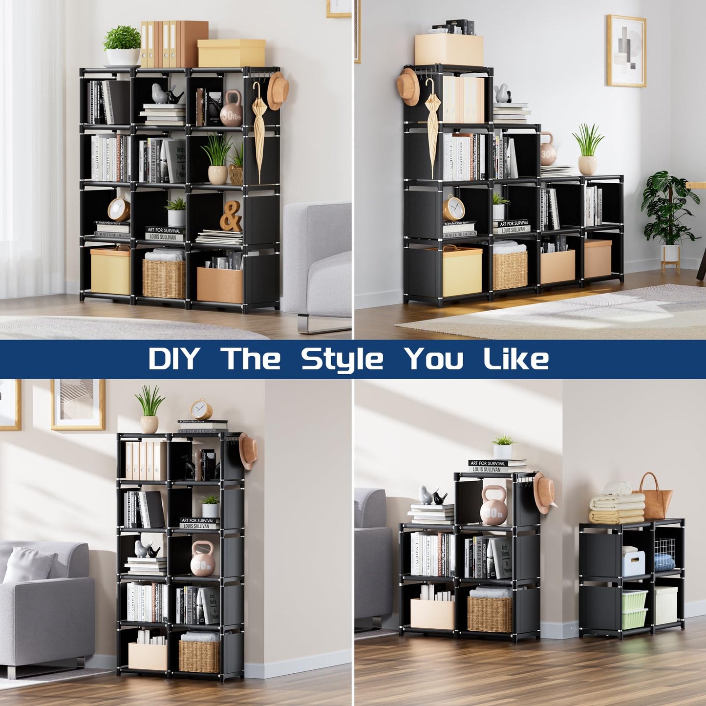 Book Shelf, 12 Cube Storage Organizer, DIY Bookcase, Metal Bookshelf,Tall Book case for Bedroom, Living Room,Office,Closet, Black Cubicle Rack
