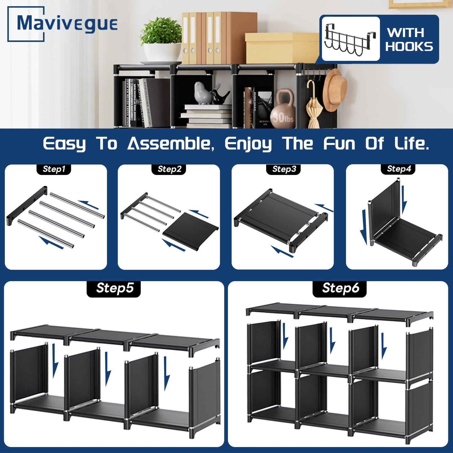 Book Shelf, 12 Cube Storage Organizer, DIY Bookcase, Metal Bookshelf,Tall Book case for Bedroom, Living Room,Office,Closet, Black Cubicle Rack