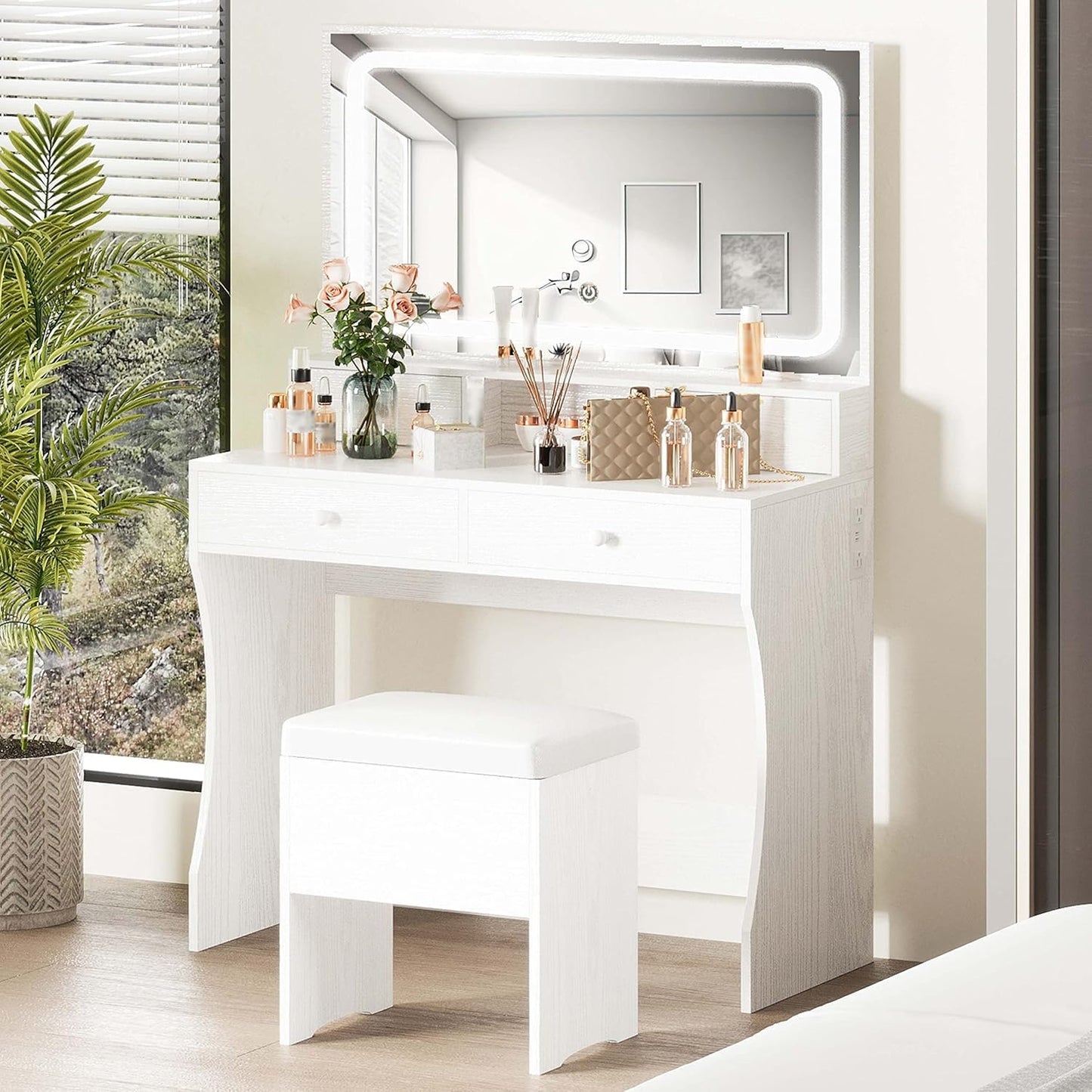Makeup Vanity with Lighted Mirror & Power Outlet, White Vanity Set Vanity Desk, Clearance Makeup Vanity 3 Lighting Colors, Brightness Adjustable, 31.5in(W)