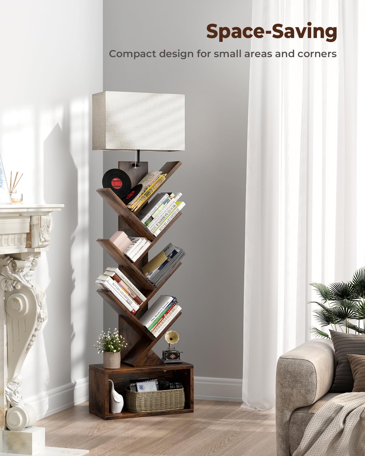 6 Tier Tree Bookshelf with Light, Narrow Bookcase Tower, Tall Floor Standing Book Organizer with Storage Cabinet for Living Room, Bedroom and Home Office, Rustic Brown