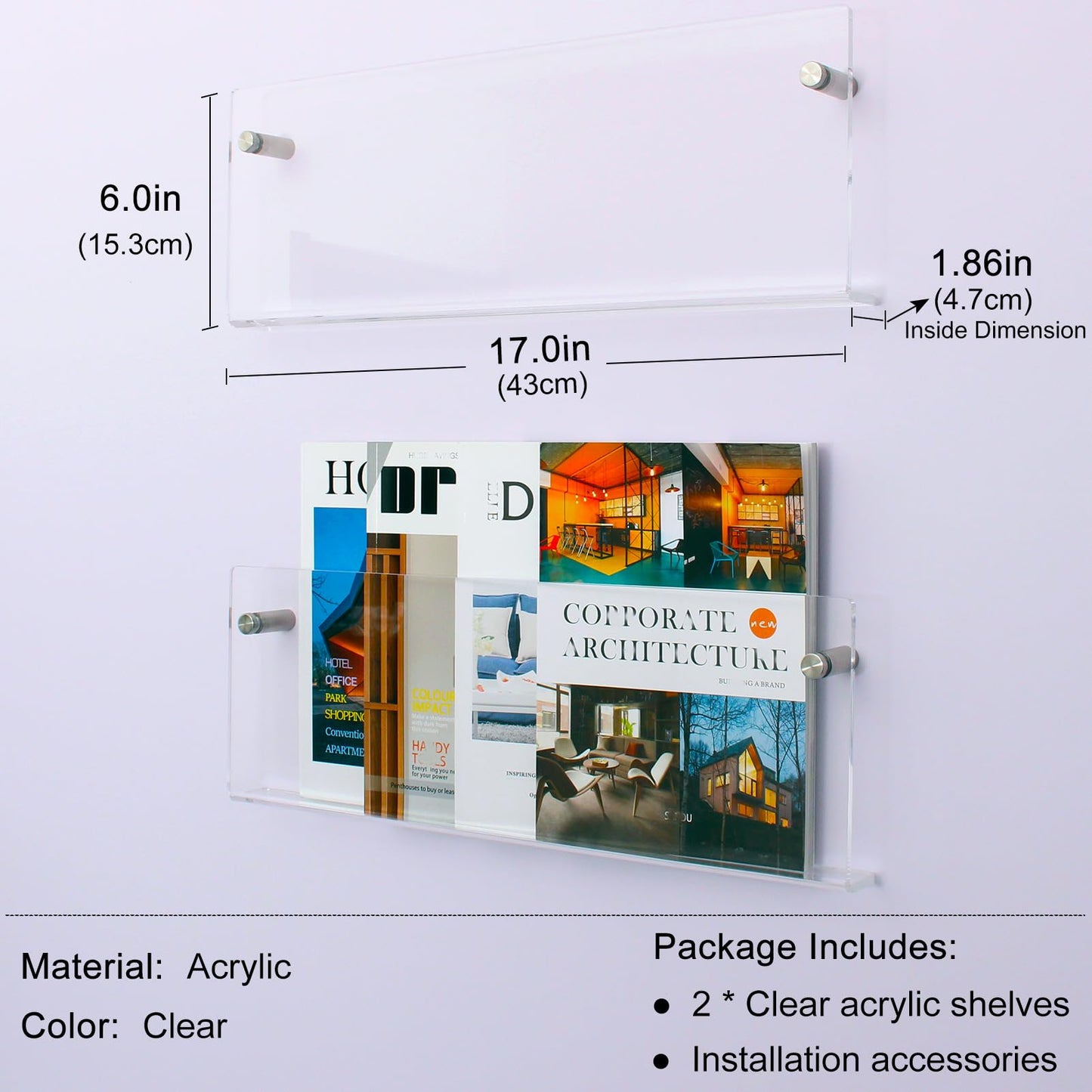 2 Pack Clear Acrylic Magazine Holder, Wall Mount Hanging Bookshelf Literature Storage Rack, Brochure File Display Shelf for Waiting Room, Living Room, Office, Home