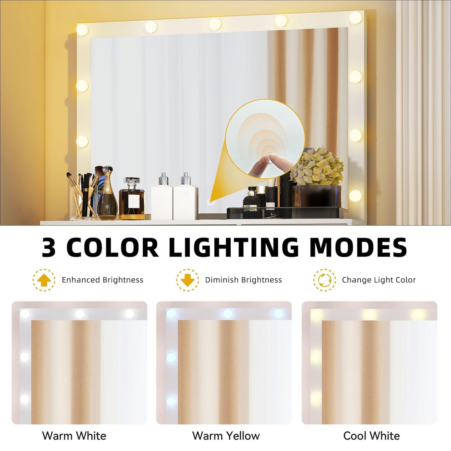 Makeup Vanity with Lighted Mirror, Vanity Desk with Power Strip, Adjustable Lighting, 4 Drawers, and Cushioned Stool