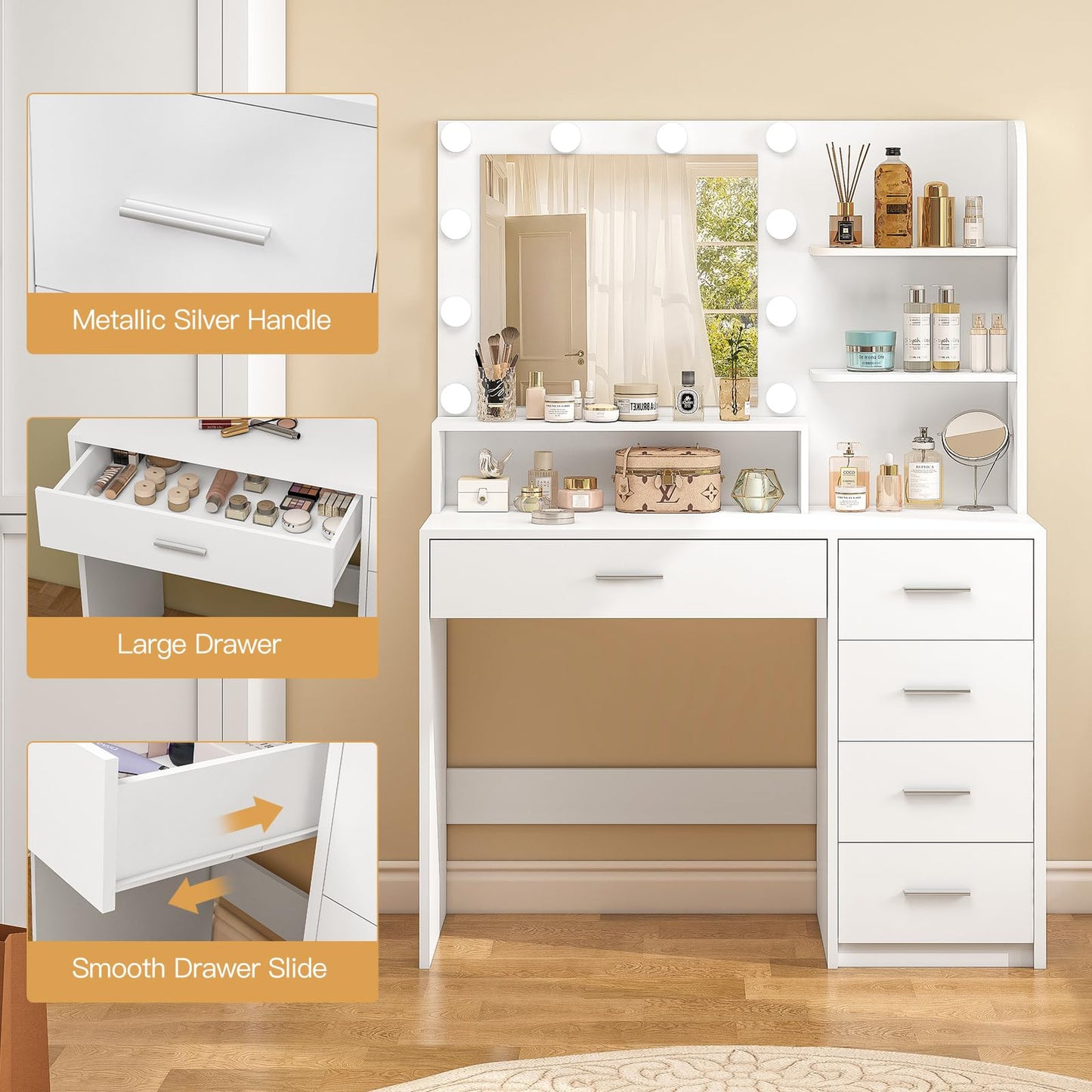 Makeup Vanity Desk with Mirror & Lights, Vanity Desk with 5 Drawers & Storage Shelves, Vanity Table, 3 Color Modes & Adjustable Brightness Dressing Table, Bedroom