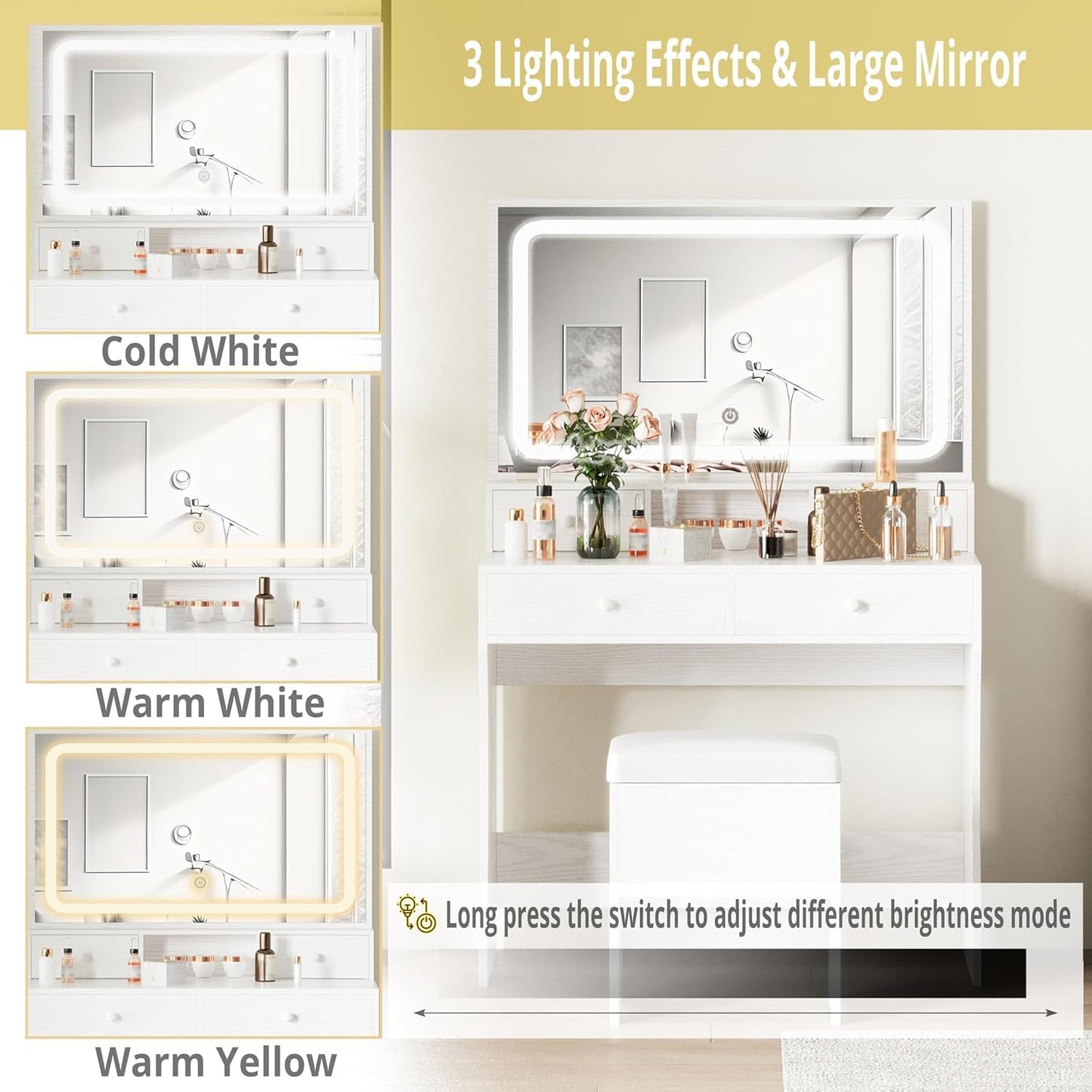 Makeup Vanity with Lighted Mirror & Power Outlet, White Vanity Set Vanity Desk, Clearance Makeup Vanity 3 Lighting Colors, Brightness Adjustable, 31.5in(W)