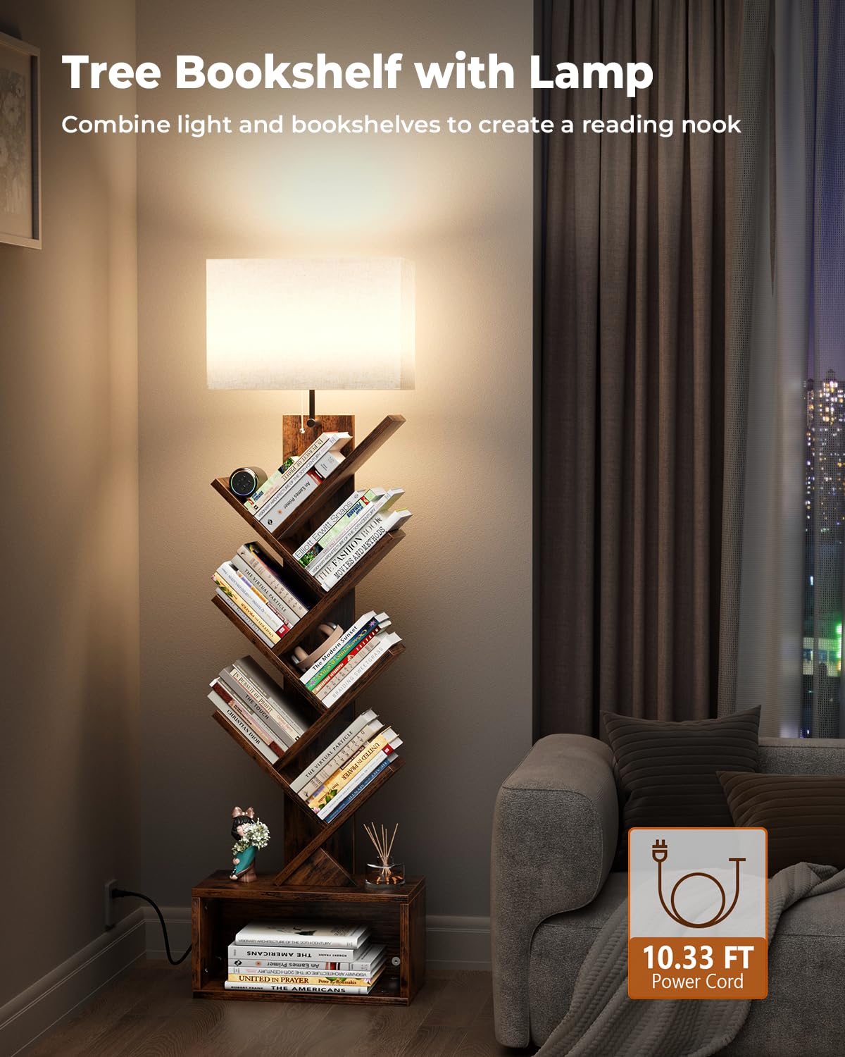 6 Tier Tree Bookshelf with Light, Narrow Bookcase Tower, Tall Floor Standing Book Organizer with Storage Cabinet for Living Room, Bedroom and Home Office, Rustic Brown