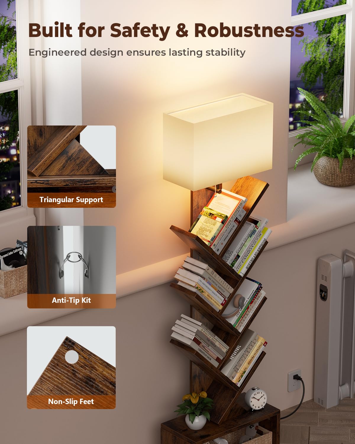 6 Tier Tree Bookshelf with Light, Narrow Bookcase Tower, Tall Floor Standing Book Organizer with Storage Cabinet for Living Room, Bedroom and Home Office, Rustic Brown