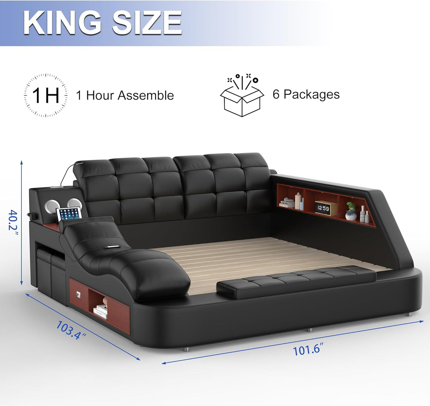 Queen - Multifunction Smart Bed Frame – Luxury Upholstered Platform with Massage Recliner, Bluetooth Speaker, USB Charging Station, Storage Drawers, Leather Headboard & Wooden Slats, Black