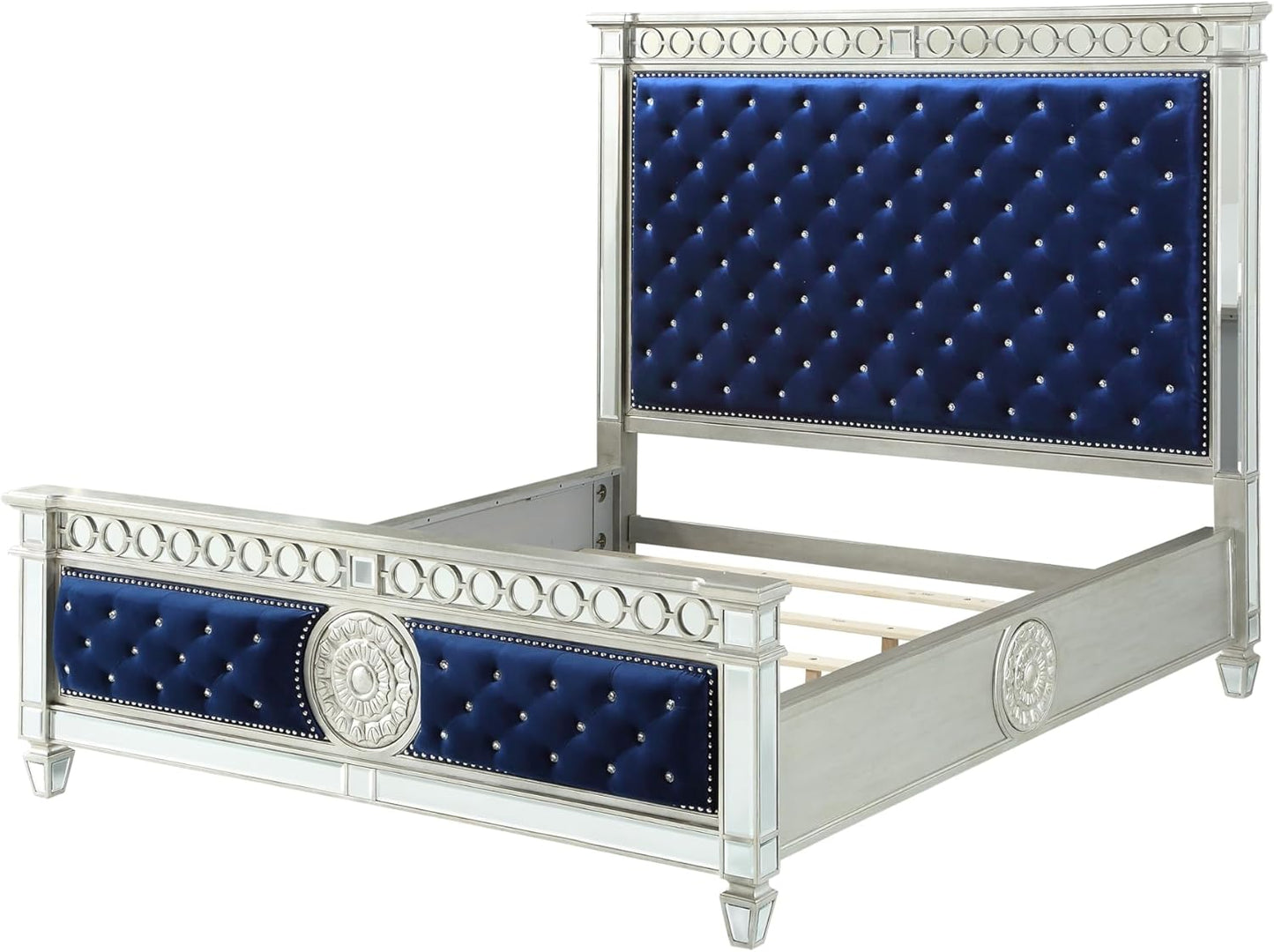 Queen - Varian Upholstered Panel Bed in Blue Velvet with Mirrored Accents