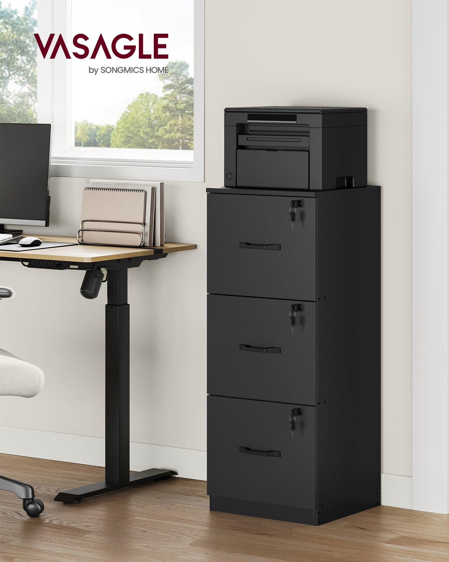 3 Drawer File Cabinet, File Cabinet with Lock, Printer Stand, Office Filing Cabinet Organizer, for A4 and Letter Size Files, Ink Black