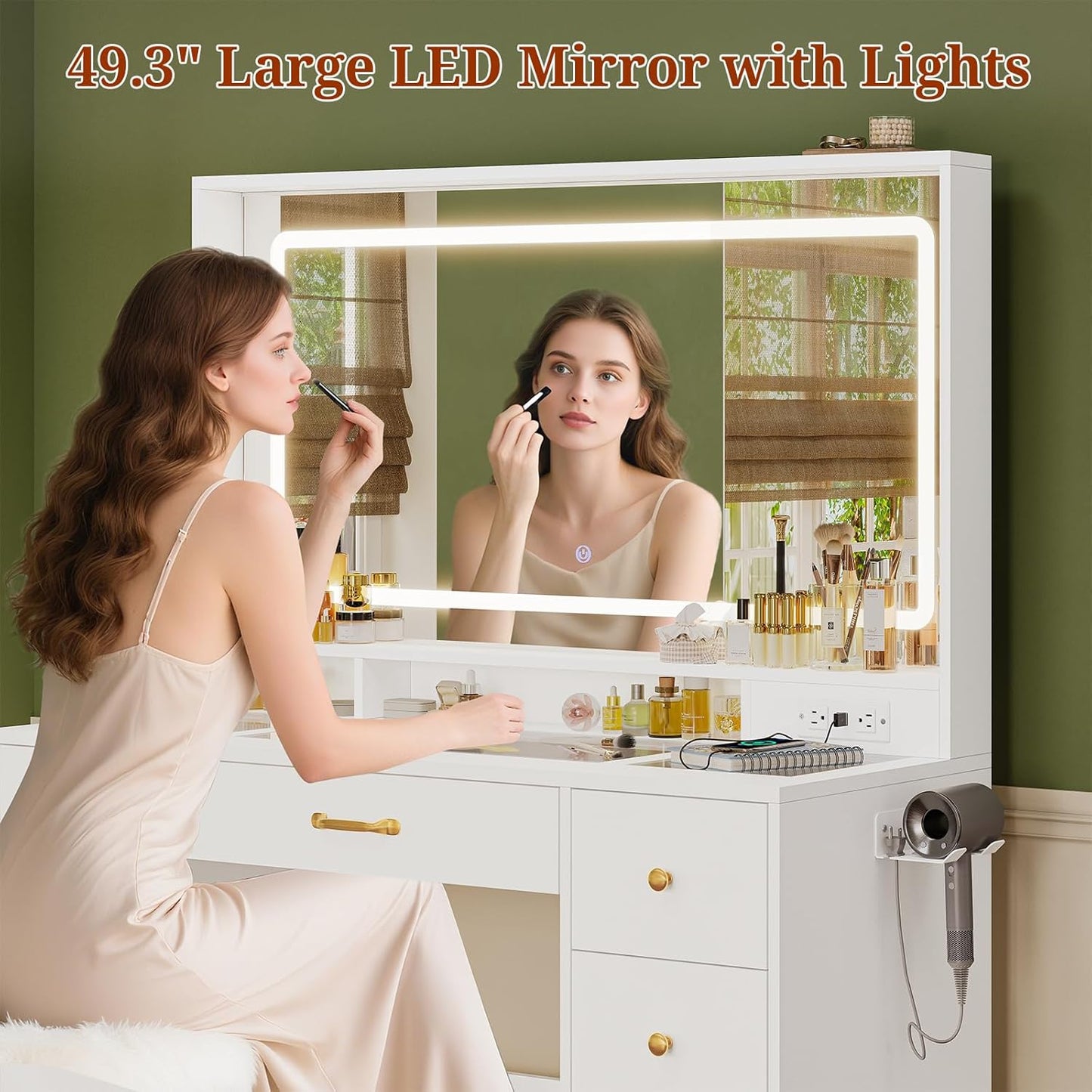 Makeup Vanity & Lighted Mirror, Vanity Desk with Power Strip, Adjustable Lighting, 7 Drawers, Dressing Room, Ivory