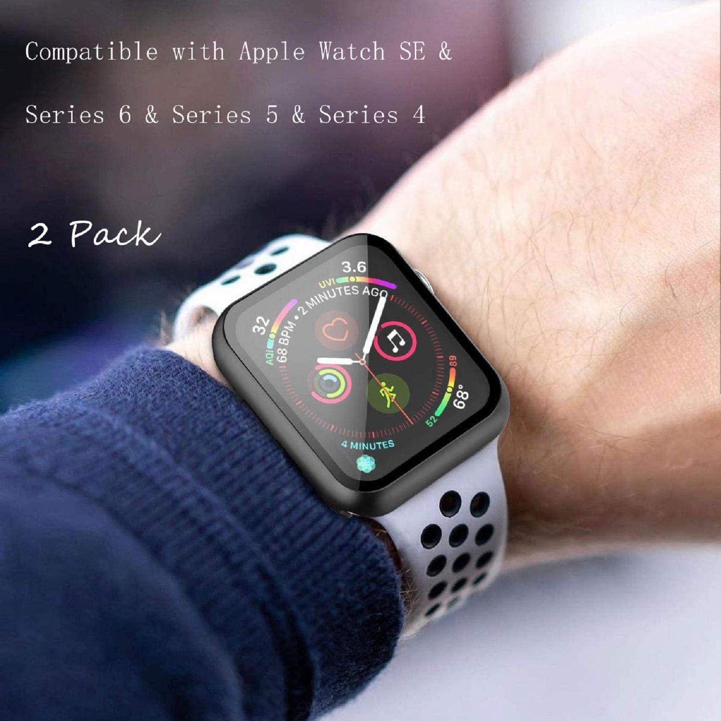2 Pack Hard PC Case with Tempered Glass Screen Protector Compatible with Apple Watch SE 2 (2024) SE Series 6 Series 5 Series 4 44mm, Black