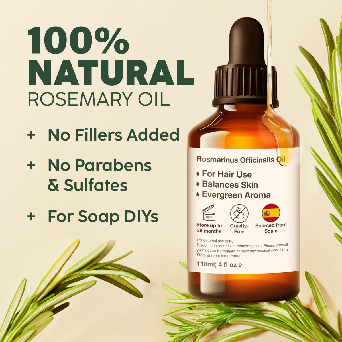 100% Pure & Natural Rosemary Oil for Hair, Skin, Aromatherapy & DIY Soap Making (4 Fl Oz / 118 ml)