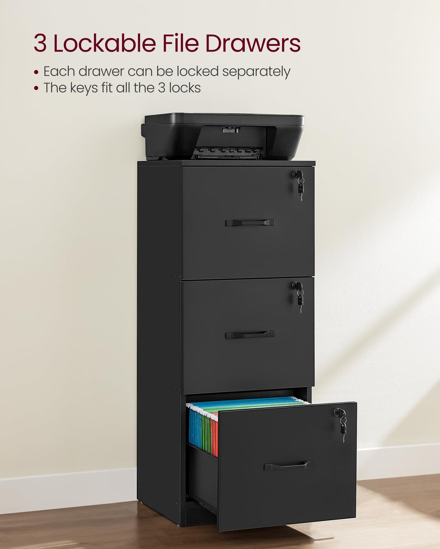 3 Drawer File Cabinet, File Cabinet with Lock, Printer Stand, Office Filing Cabinet Organizer, for A4 and Letter Size Files, Ink Black