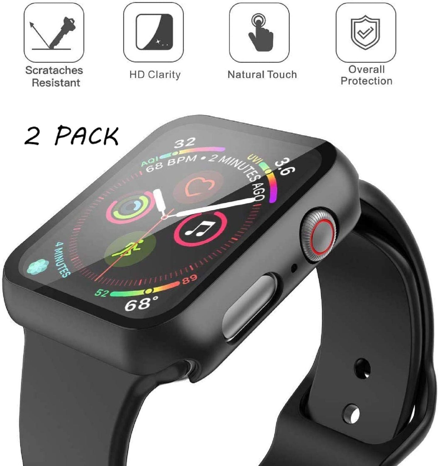 2 Pack Hard PC Case with Tempered Glass Screen Protector Compatible with Apple Watch SE 2 (2024) SE Series 6 Series 5 Series 4 44mm, Black