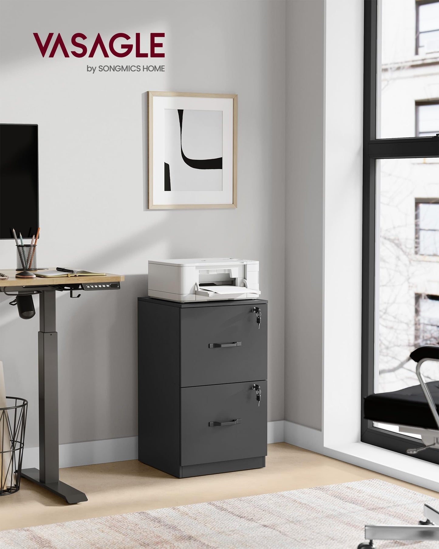 2 Drawer File Cabinet, File Cabinet with Lock, Printer Stand, Office Filing Cabinet Organizer, for A4 and Letter Size Files, Ink Black