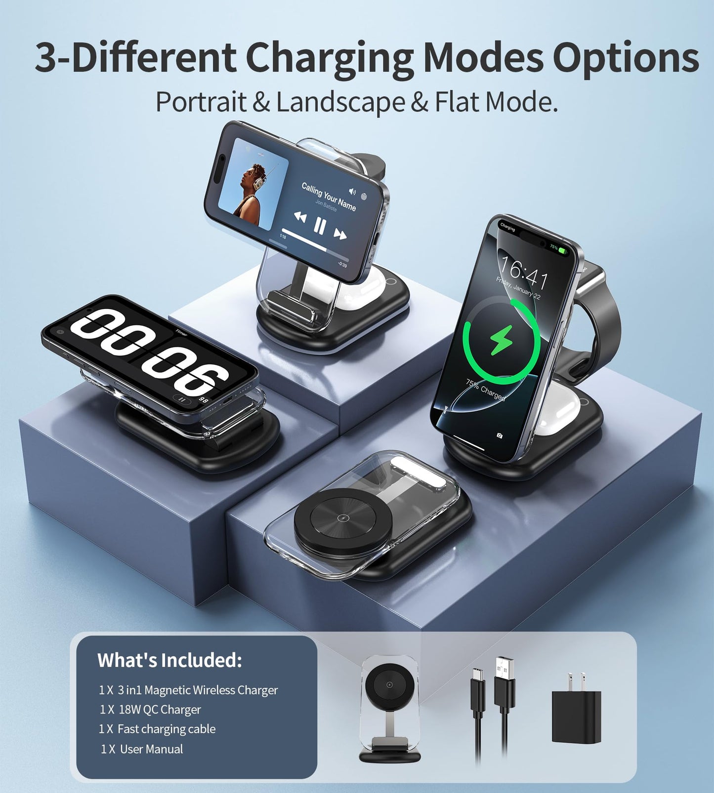 3 in 1 MagSafe Wireless Charging Station for Apple iPhone, iWatch, iPods with Night Light