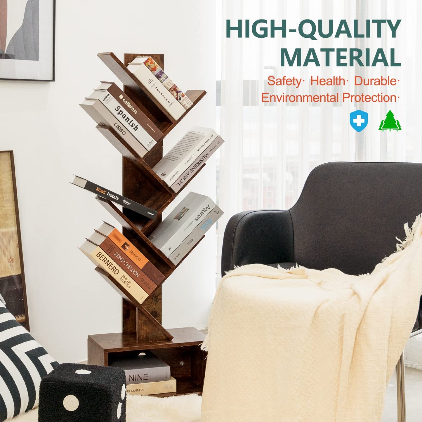 Tree Bookshelf - 6 Shelf Retro Floor Standing Bookcase, Tall Wood Book Storage Rack for CDs/Movies/Books, Utility Book Organizer Shelves for Bedroom, Living Room, Home Office