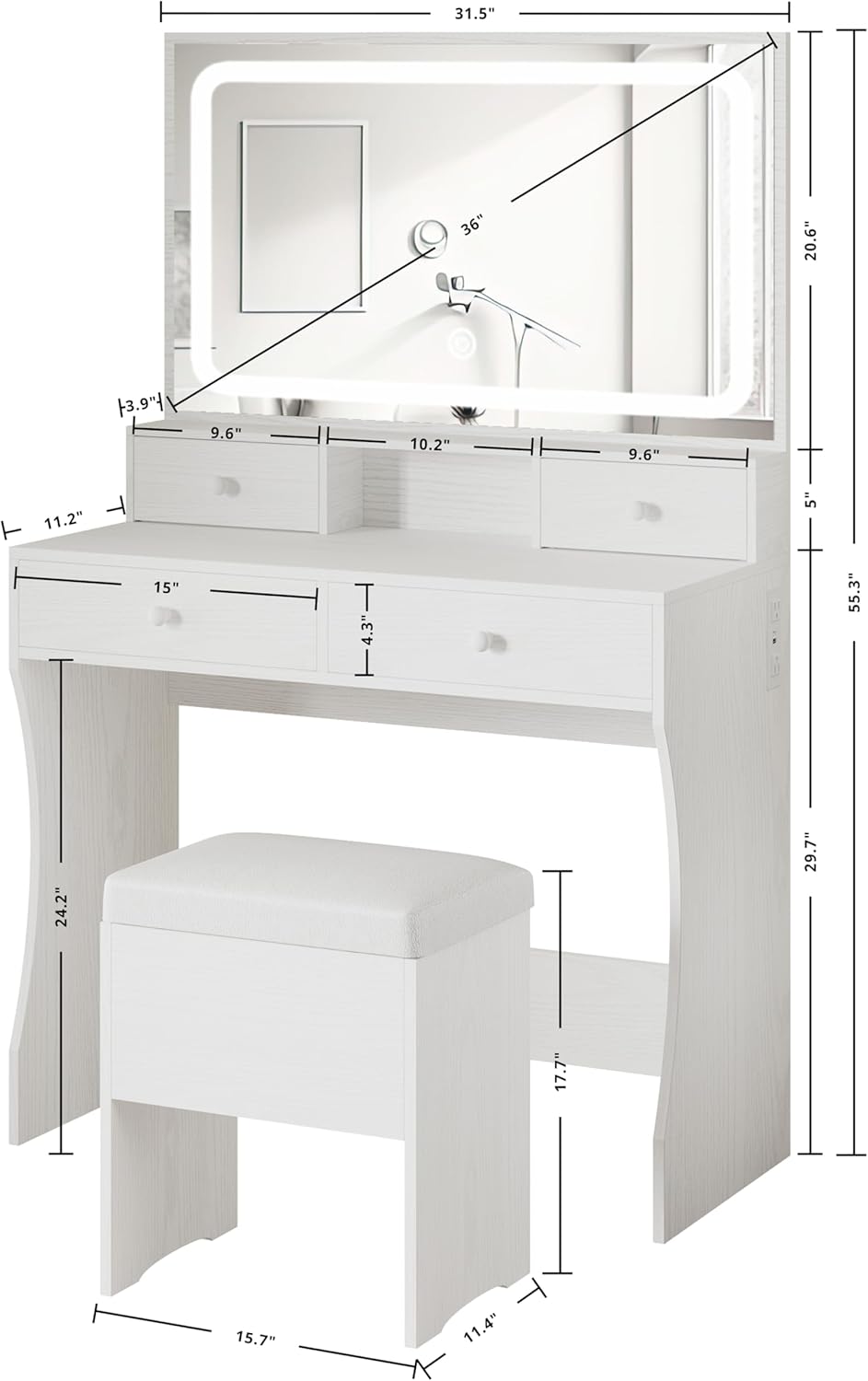 Makeup Vanity with Lighted Mirror & Power Outlet, White Vanity Set Vanity Desk, Clearance Makeup Vanity 3 Lighting Colors, Brightness Adjustable, 31.5in(W)