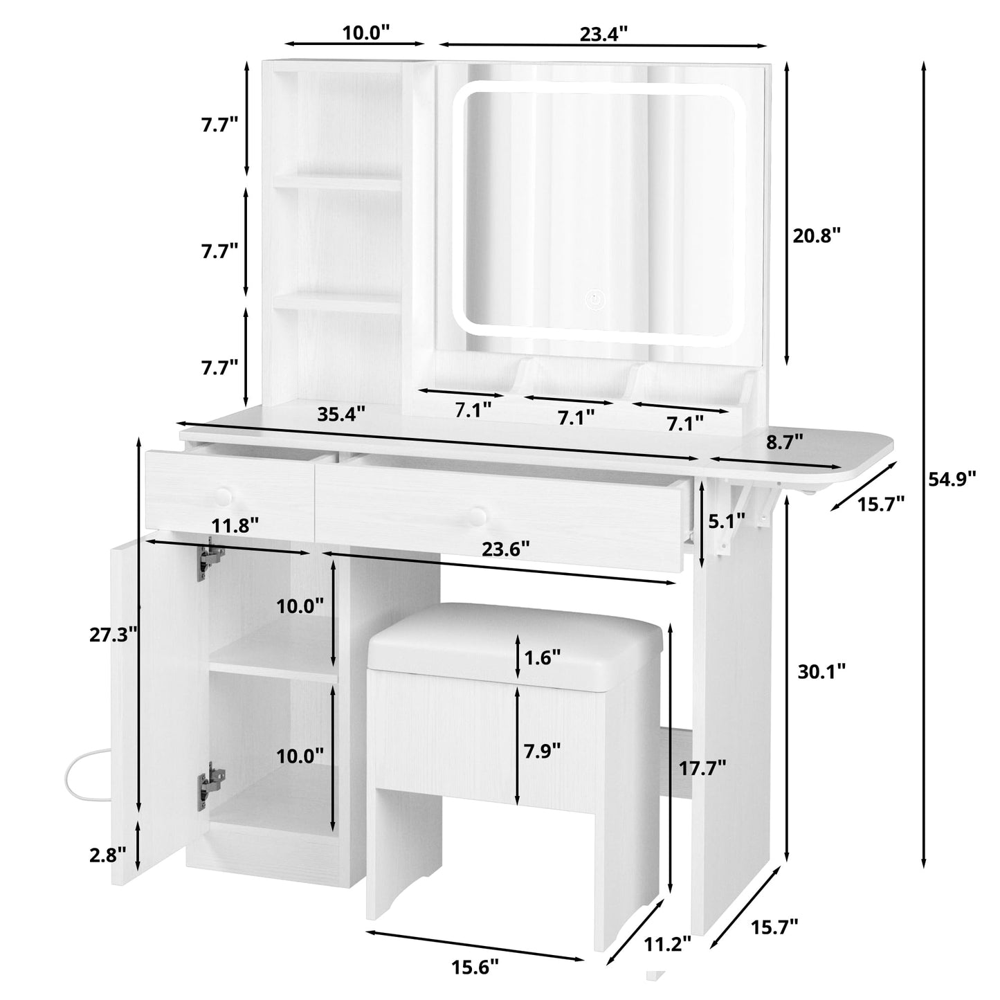 Vanity Desk with LED Lighted Mirror & Power Outlet, Makeup Table with Drawers & Cabinet,Storage Stool,for Bedroom, White