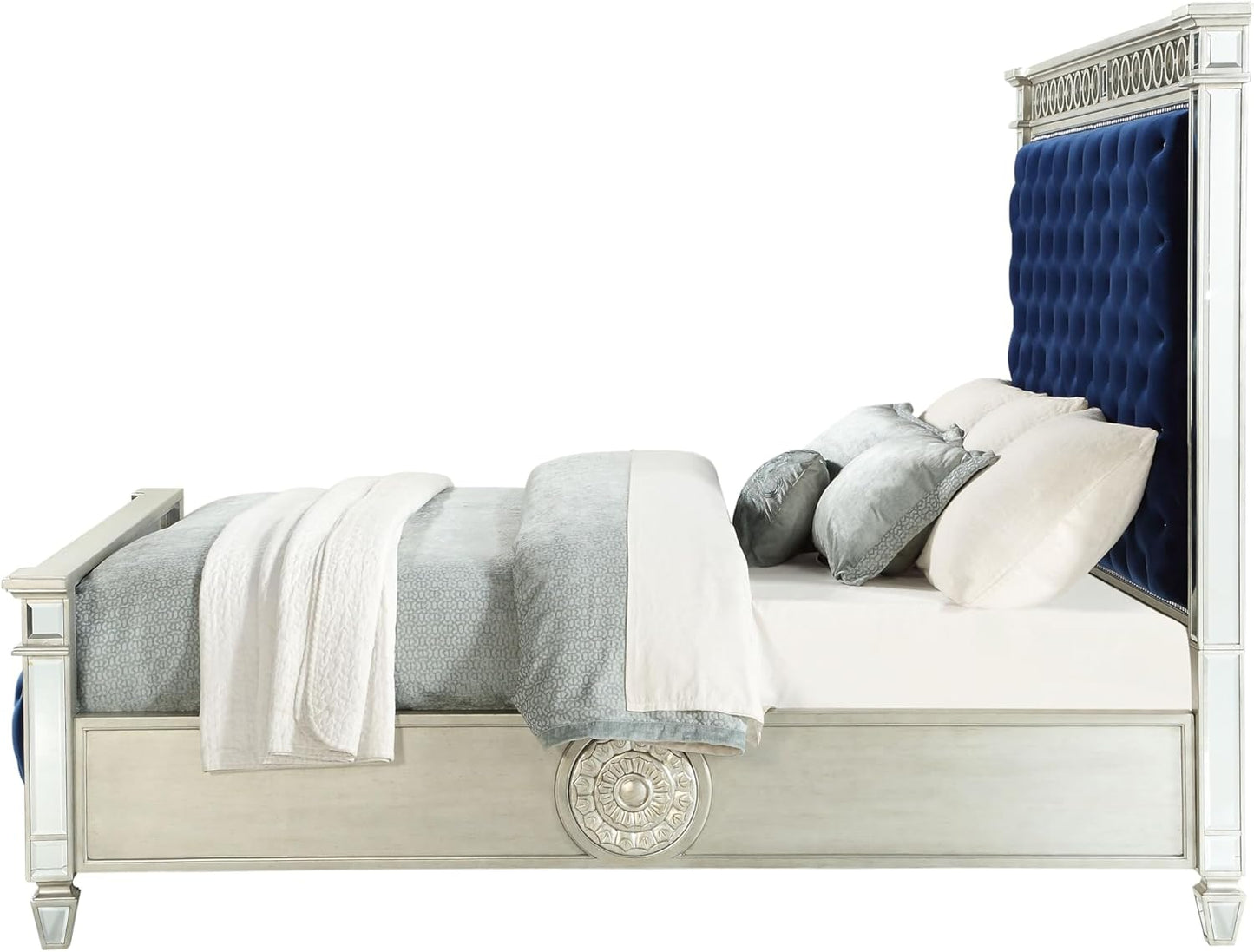 Queen - Varian Upholstered Panel Bed in Blue Velvet with Mirrored Accents