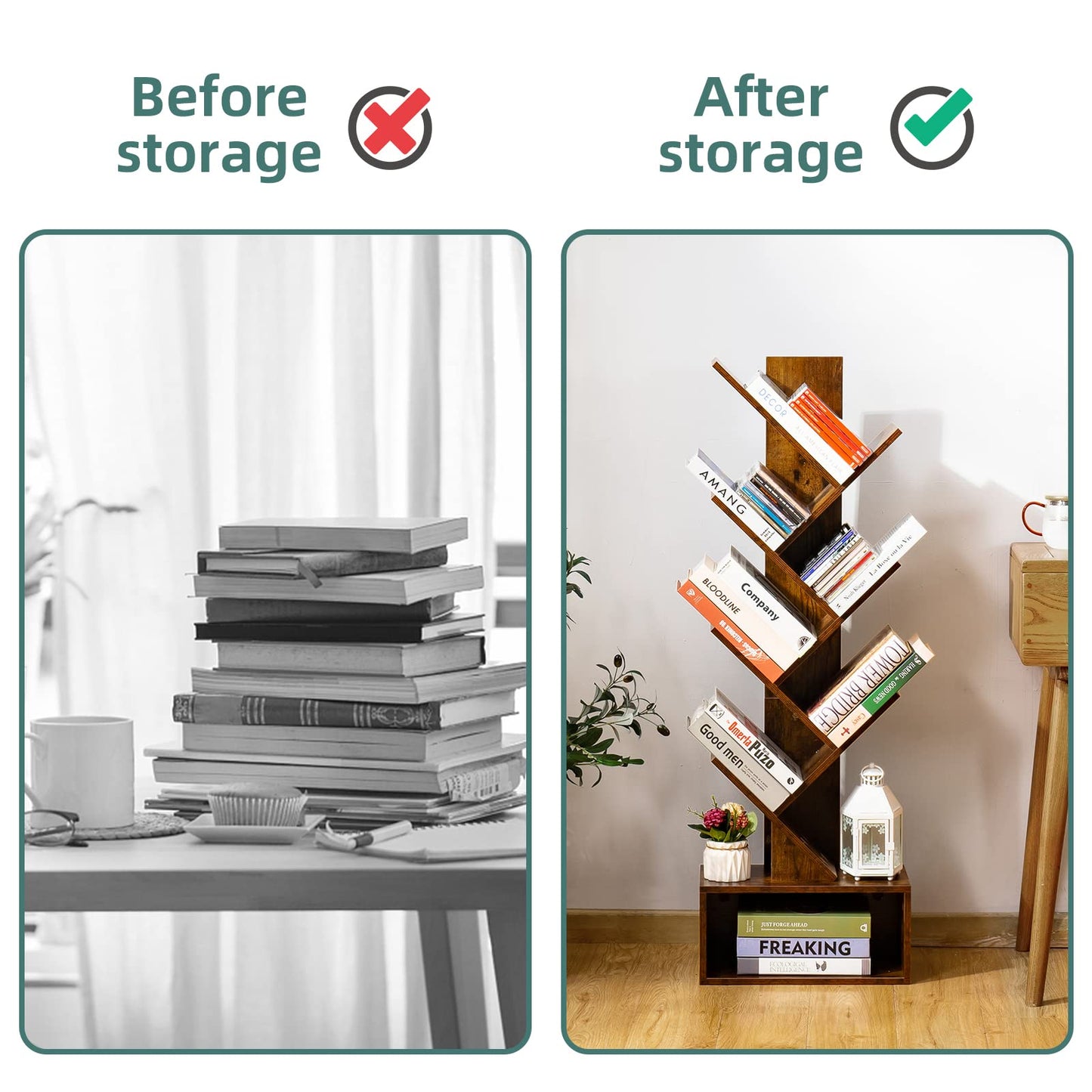 Tree Bookshelf - 6 Shelf Retro Floor Standing Bookcase, Tall Wood Book Storage Rack for CDs/Movies/Books, Utility Book Organizer Shelves for Bedroom, Living Room, Home Office