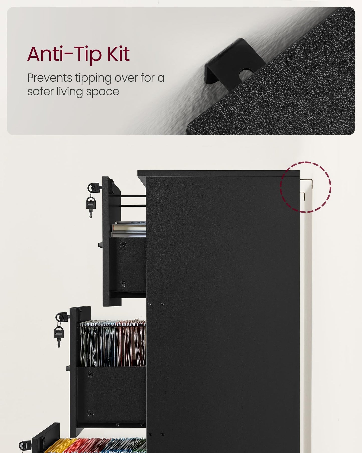 3 Drawer File Cabinet, File Cabinet with Lock, Printer Stand, Office Filing Cabinet Organizer, for A4 and Letter Size Files, Ink Black
