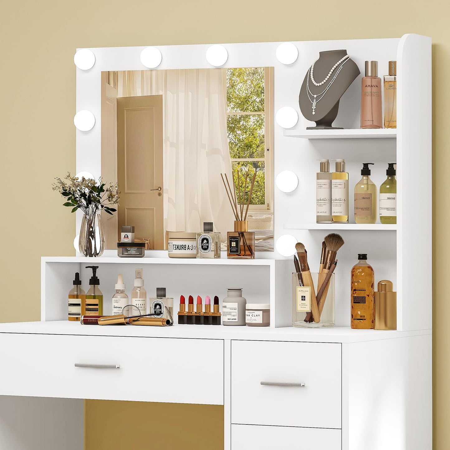 Makeup Vanity Desk with Mirror & Lights, Vanity Desk with 5 Drawers & Storage Shelves, Vanity Table, 3 Color Modes & Adjustable Brightness Dressing Table, Bedroom