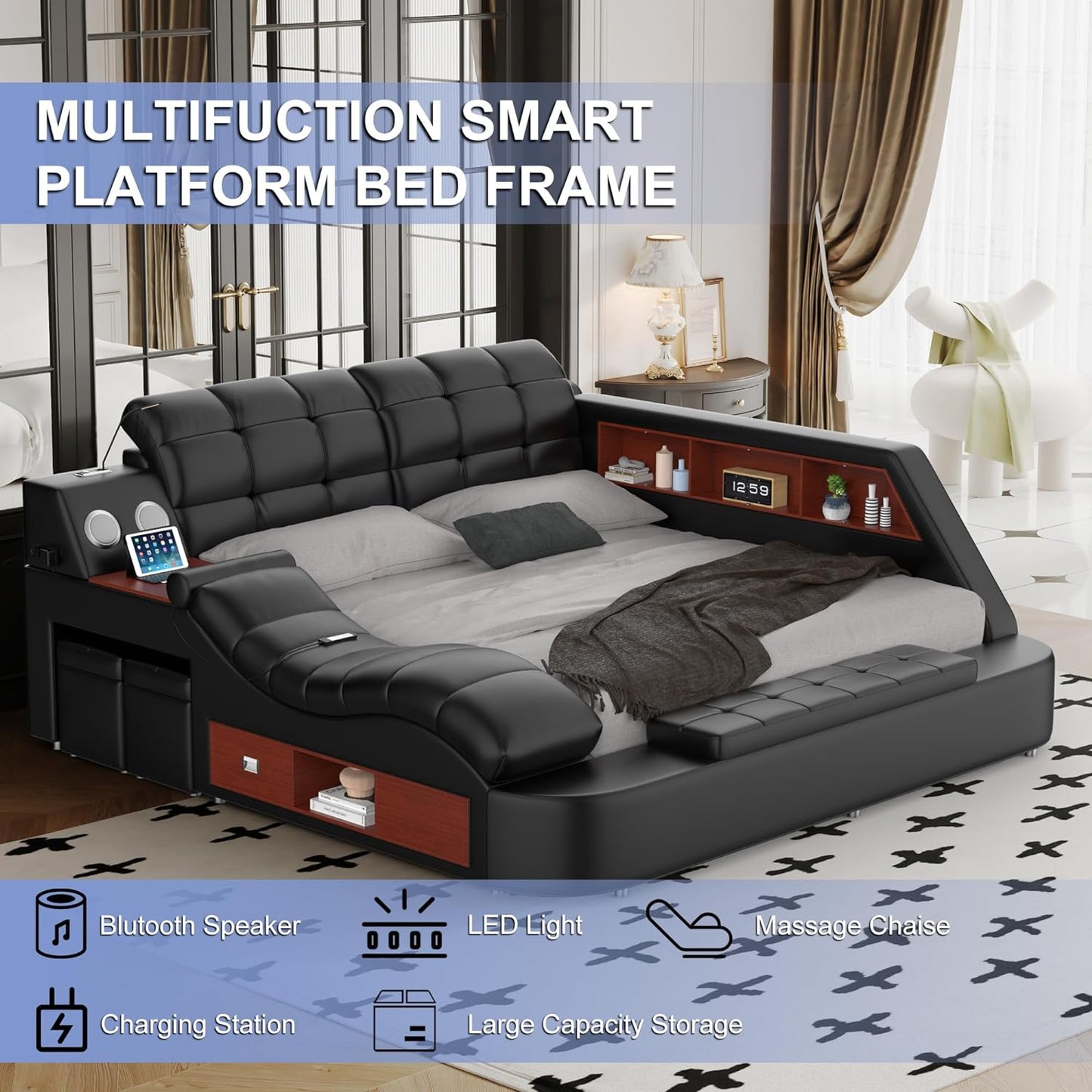Queen - Multifunction Smart Bed Frame – Luxury Upholstered Platform with Massage Recliner, Bluetooth Speaker, USB Charging Station, Storage Drawers, Leather Headboard & Wooden Slats, Black