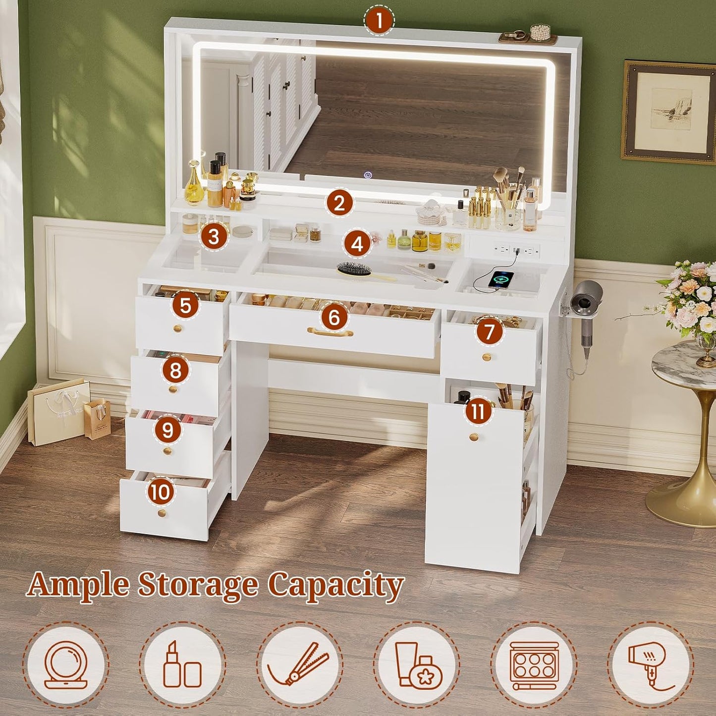 Makeup Vanity & Lighted Mirror, Vanity Desk with Power Strip, Adjustable Lighting, 7 Drawers, Dressing Room, Ivory