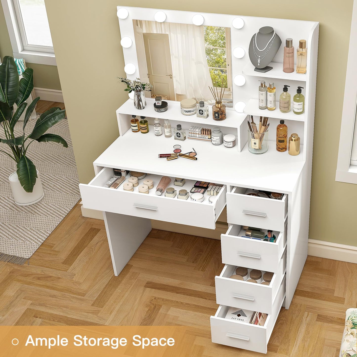 Makeup Vanity Desk with Mirror & Lights, Vanity Desk with 5 Drawers & Storage Shelves, Vanity Table, 3 Color Modes & Adjustable Brightness Dressing Table, Bedroom