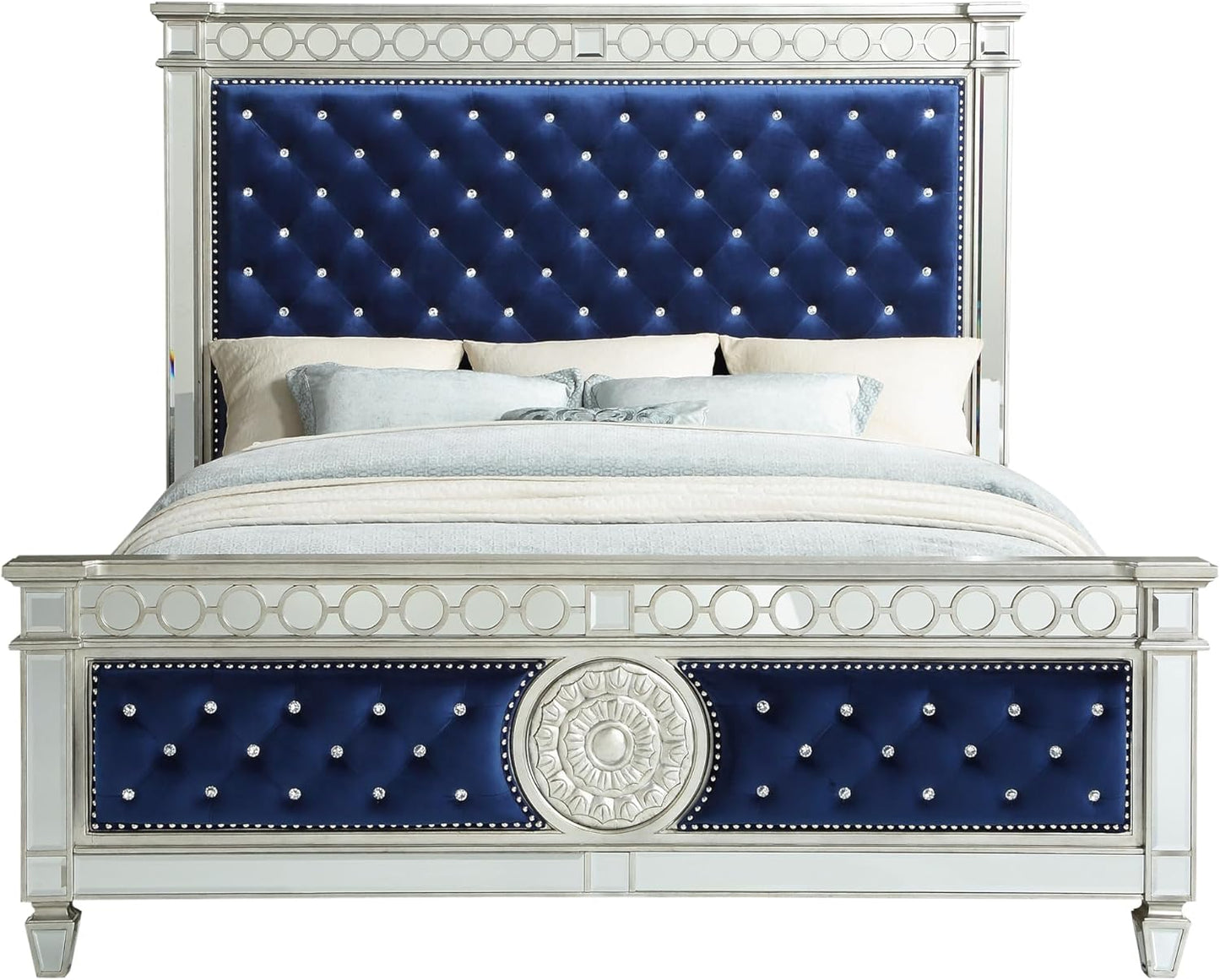 Queen - Varian Upholstered Panel Bed in Blue Velvet with Mirrored Accents