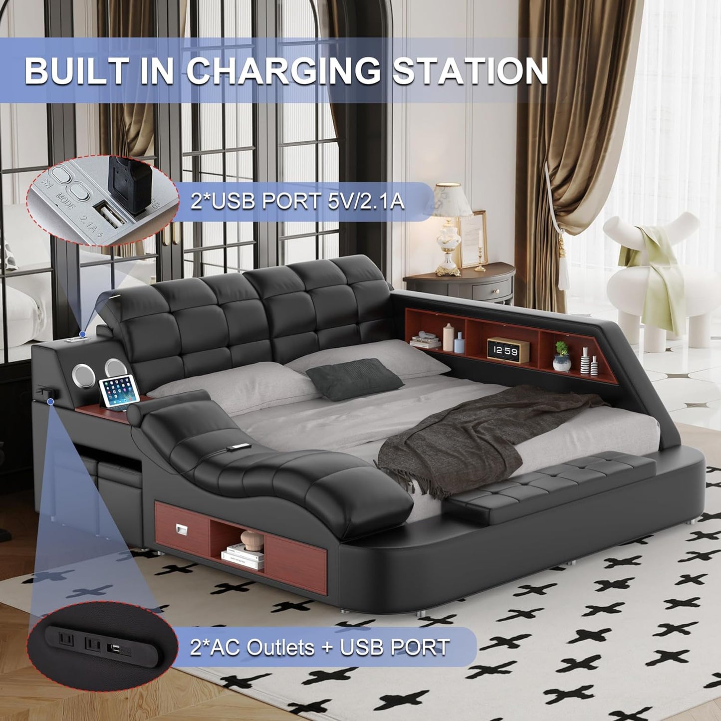 Queen - Multifunction Smart Bed Frame – Luxury Upholstered Platform with Massage Recliner, Bluetooth Speaker, USB Charging Station, Storage Drawers, Leather Headboard & Wooden Slats, Black