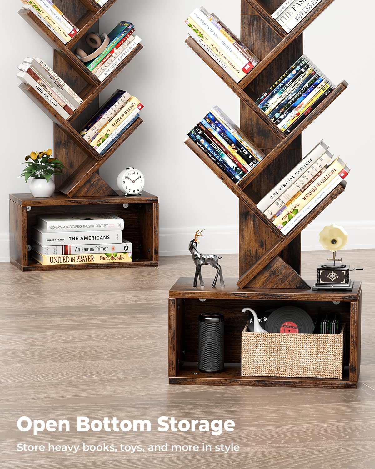 6 Tier Tree Bookshelf with Light, Narrow Bookcase Tower, Tall Floor Standing Book Organizer with Storage Cabinet for Living Room, Bedroom and Home Office, Rustic Brown