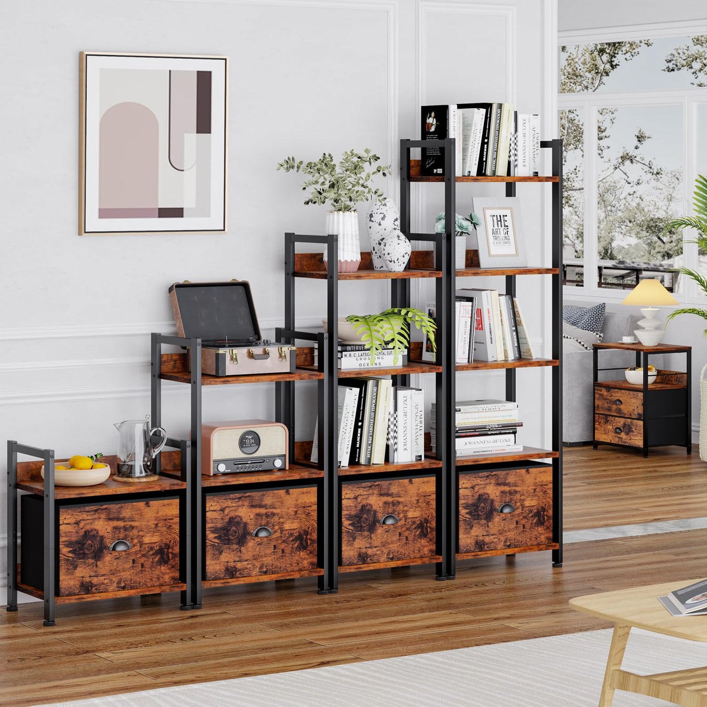 5 Tier Bookshelf with Drawer, Tall Narrow Bookcase with Shelves, Wood and Metal Bookshelves Storage Organizer, Industrial Display Standing Shelf Unit for Bedroom, Living Room, Rustic Brown