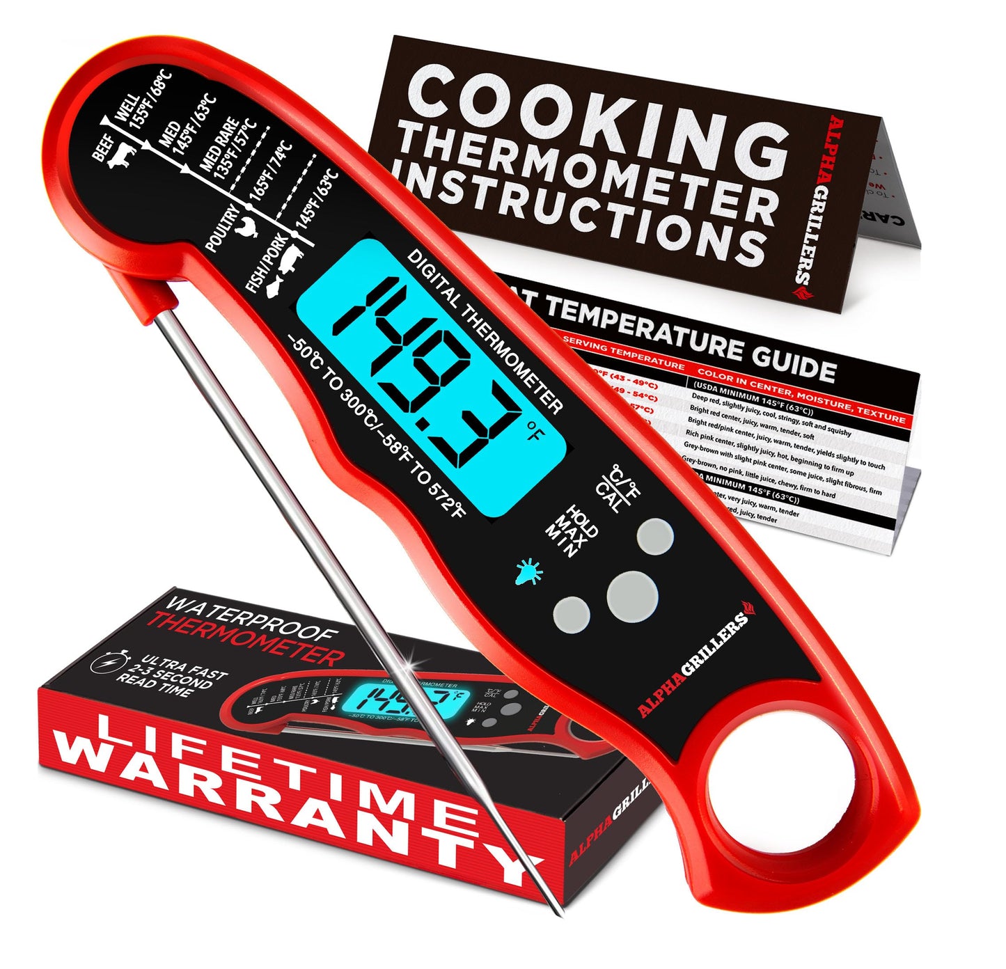 Alpha Grillers Meat Thermometer Digital - Instant Read Food Thermometer for Cooking Grilling Air Fryer Griddle Probe Kitchen Gadgets Essentials BBQ Accessories Grill Gifts for Men Him Dad Fathers Day