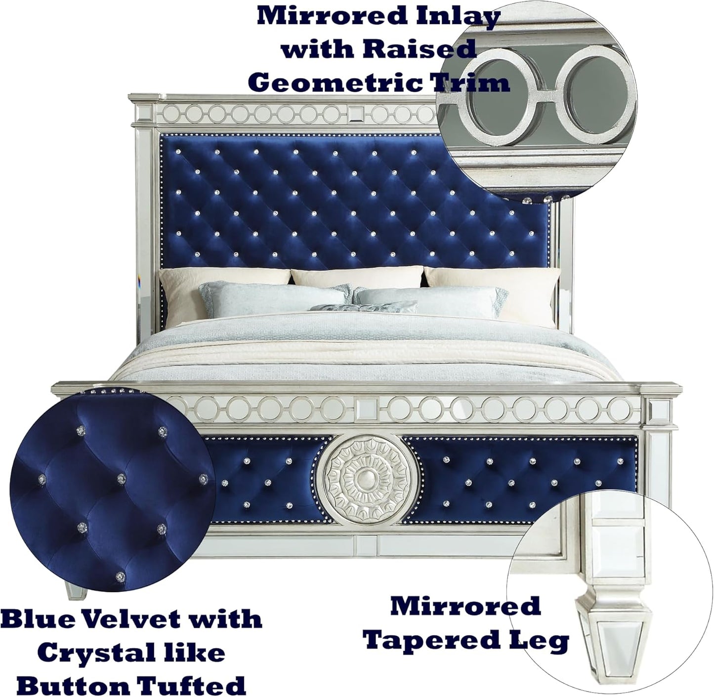 Queen - Varian Upholstered Panel Bed in Blue Velvet with Mirrored Accents